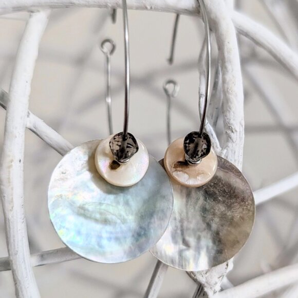 Handmade Iridescent Shell Disc Coins and Smoky Quartz Steel Hoop Earrings - Picture 1 of 13